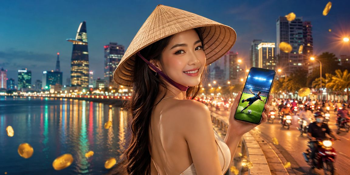 Người phụ nữ đội nón lá tại TP. Hồ Chí Minh xem kết quả cá cược thể thao trên điện thoại